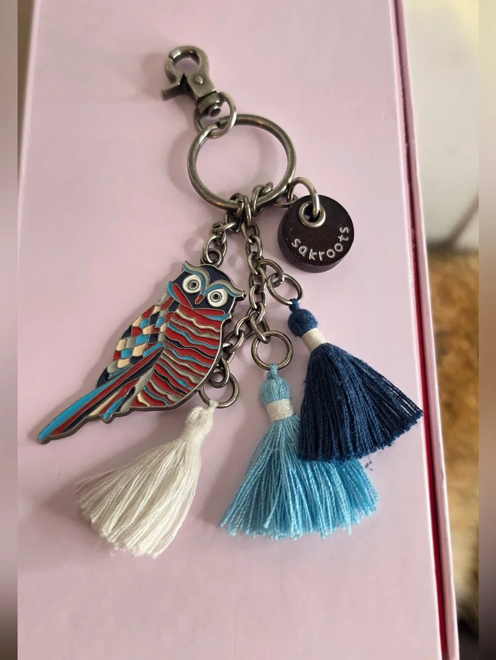Sakroots Multicolor Enamel Owl Keychain with Blue & White Tassels